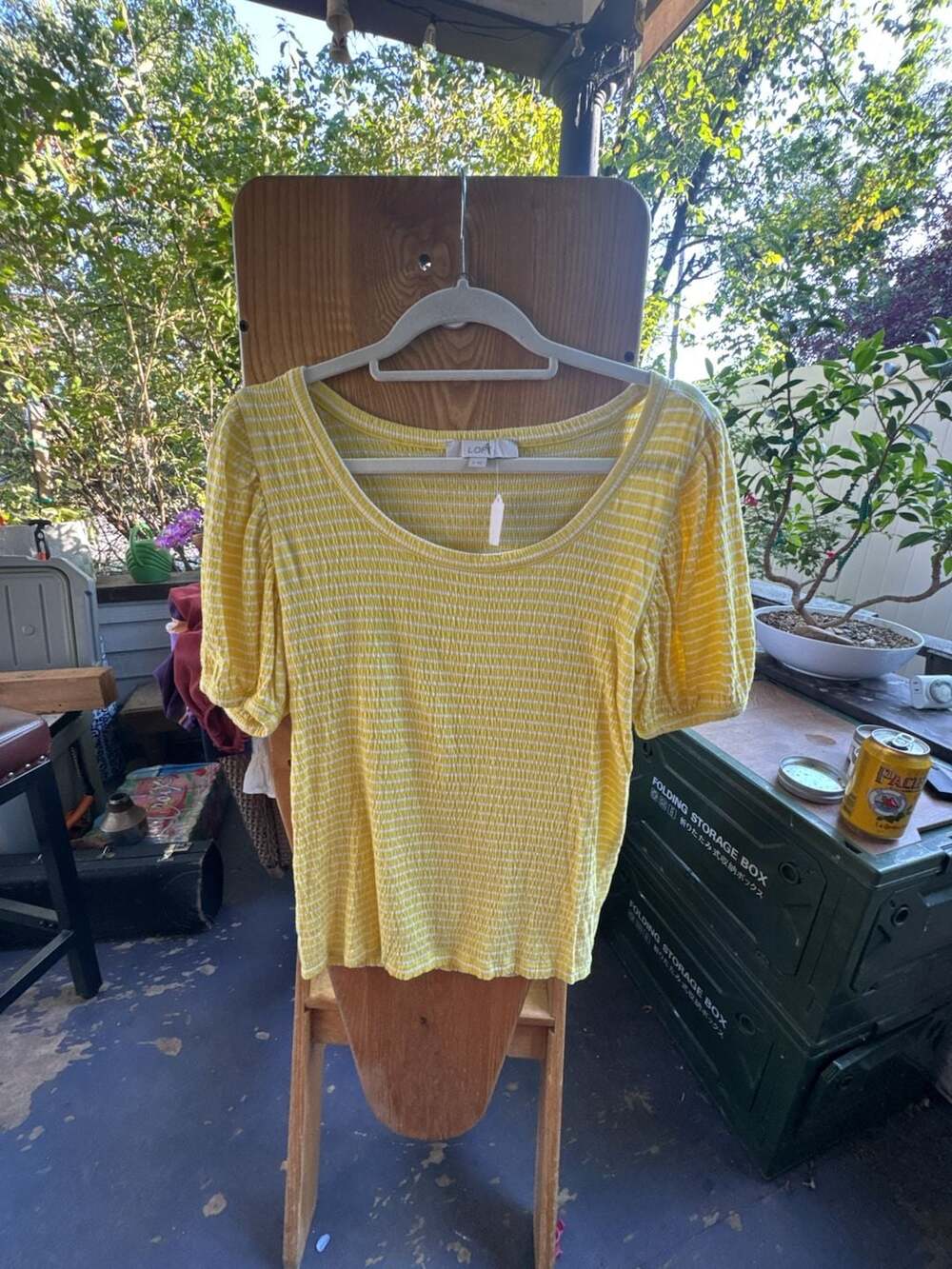 Medium  Yellow White Striped Smocked Puff Short Sleeve Scoop Neck Top